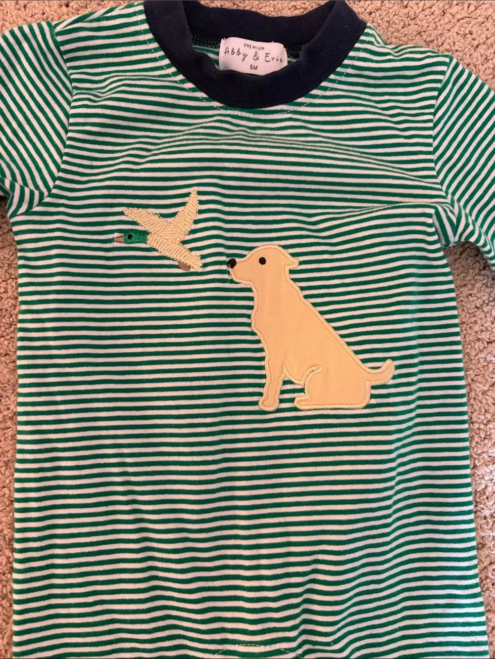 Striped Green & White Baby Onesie with Yellow Dog Applique